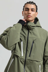 Men's Army Green Contrast-Zip Fully Sealed Waterproof Insulated Snow Jacket